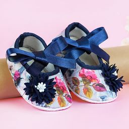 Coco Candy Floral Applique Detailed Ribbon Tie Up Booties - Navy Blue-image-56