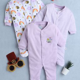 BUMZEE Cotton Full Sleeves Rainbow & Bee Print Sleepsuit Pack Of 3 - Lavender & White-image-47