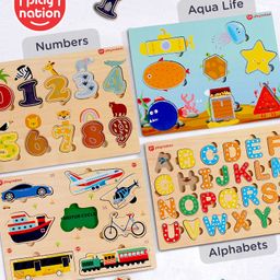 Play Nation Educational Alphabets Numbers Shapes & Vehicles Wooden Puzzles Set of 4 - Brown-24
