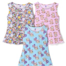Simply Sinker Knit Sleeveless Frocks with Floral & Animal Print Pack of 3 - White Sky Blue & Pink-image-50