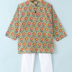 Ridokidz Cotton Full Sleeves Floral Printed Kurta Pyjama - Parrot Green-image-84