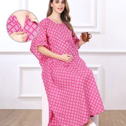 Bella Mama Cotton Woven Half Sleeves Kaftan Nursing Nighty - Pink-image-48