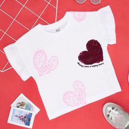 YU by Pantaloons Cotton Half Schfilli Sleeves Heart Shaped Sequins Embellished Top - White-image-92