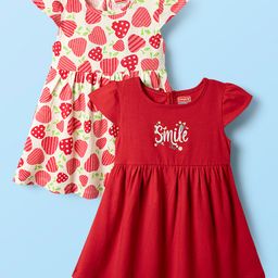 Babyhug Single Jersey Knit Cap Sleeves Fruit Printed Frocks Pack of 2 - Red & White-image-80
