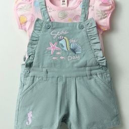 ToffyHouse Knitted Woven Half Sleeves Tee & Dungaree Set with Sea Life Theme Print - Green & Pink-picture-28