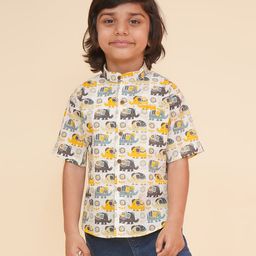 LIL PITAARA Pure Cotton Half Sleeves Elephants Printed Shirt - Cream-image-61