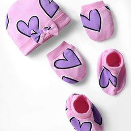 Bonfino 100% Cotton Knit Cap Mittens & Booties With Heart Print Pink - Diameter 12.5 cm-picture-7