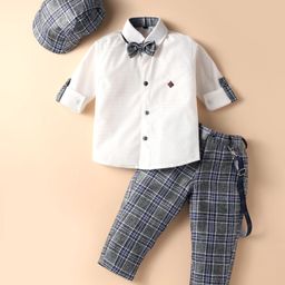 Radutu Full Sleeves Checked Shirt & Trouser With Cap Bow & Suspender Set - White & Grey-image-85