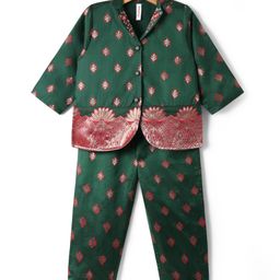 Babyhug Woven Three Forth Sleeve Floral Embroidered Brocade Long Top With Pant Set - Dark Green-image-37
