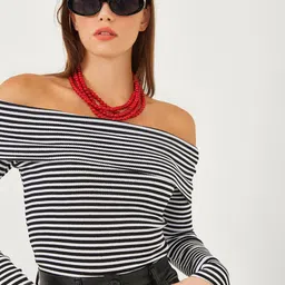 BIANCO LUCCI Striped Off-Shoulder Cotton Bardot Top-image-17