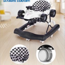 Babyhug F1 Little Racer Foldable Activity Walker with Adjustable Height|Music & Lights|Steering Wheel with Comfy Seat & Push Handle- White image 3