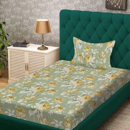 KLOTTHE Green & White Floral Printed 400 TC Single Bedsheet With Pillow Cover - 2.5mx1.5m-image-13
