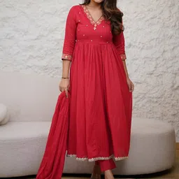 Twika Floral Yoke Design Empire Jacquard Georgette A-Line Kurta With Trousers & Dupatta-image-4