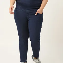 PARIS HAMILTON Plus Size Women Navy Blue Solid Tummy Tucker Stretchable Denim Jeggings-image-75