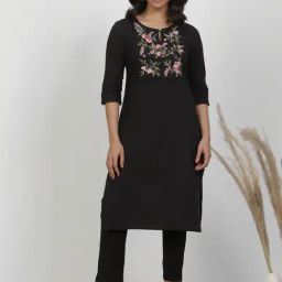 W Black Cotton Embroidered Straight Kurta-image-61