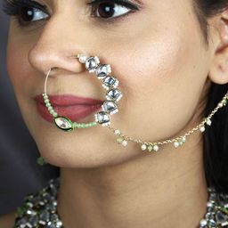 BeAbhika Gold-Plated Kundan Studded & Beaded Chained Nosepin-image-40