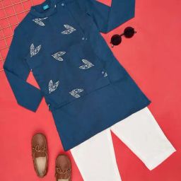YU by Pantaloons Kids Navy & White Cotton Embroidered Full Sleeves Kurta Set-image-58