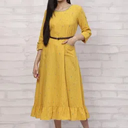 Rangriti Yellow Embroidered A-Line Dress-image-12