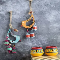 VarEesha Upahaar Multicolor Wood Wall Hanging Wind Chime with Tea Light Holders - Set of 2-image-24