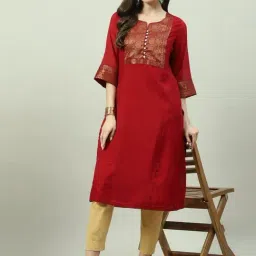 Biba Red Woven Pattern A Line Kurta-image-56