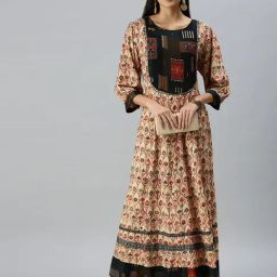 showoffff SHOWOFF Beige Cotton Floral Ankle Length Anarkali Kurta-picture-40