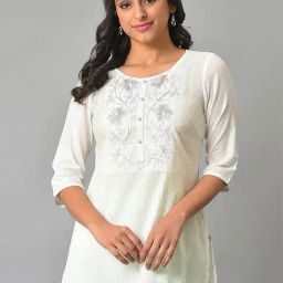 Aurelia White Cotton Embroidered Straight Short Kurti-image-92
