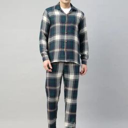 Hancock Navy Blue Cotton Relaxed Fit Checkered Night Suit-image-92