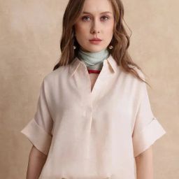 RAREISM Beige Satin Solid Short Sleeves Top-3