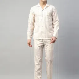 English Navy Beige Cotton Relaxed Fit Checkered Night Suit-image-39