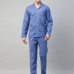Hancock Blue Cotton Relaxed Fit Striped Night Suit-image-40