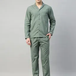 English Navy Green Cotton Relaxed Fit Checkered Night Suit-image-28