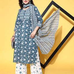 all about you Blue Floral Printed Gotta Patti Pure Cotton Kurta With Trousers & Dupatta-picture-29