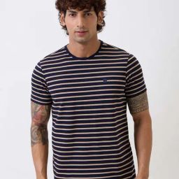 Spykar Navy Blue Cotton Slim Fit Striped T-Shirt-image-12