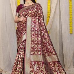 SHUBHKALA Maroon Silk Woven Saree With Unstitched Blouse-image-45