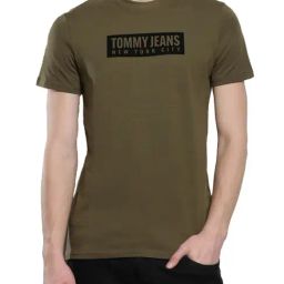 Tommy Hilfiger Dark Olive Green Cotton Slim Fit Logo Printed T-Shirt-image-35