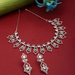 Zeneme Rhodium Plated AD Studded Necklace and Earrings Set-image-63
