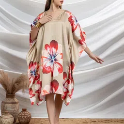 LABEL AARNA Women Floral Printed V-Neck Flared Sleeve Satin Kaftan Dress-image-81