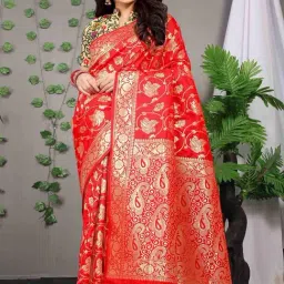 SHUBHKALA Red Silk Woven Saree With Unstitched Blouse-picture-3