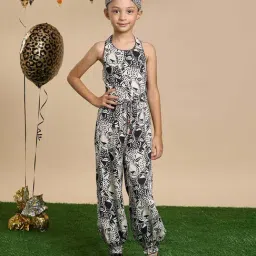 Lil Drama Kids Multicolor Printed Regular Fit Jumpsuits & Hairband-image-24