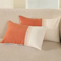 Peepul Tree SS-2025 Rust & 2 Pcs Colourblocked Crochet Rectangle Cotton Cushion Covers-47