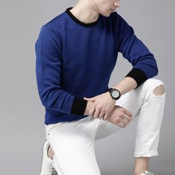 Roadster Men Blue & Black Self-Design Acrylic Pullover Sweater-image-58