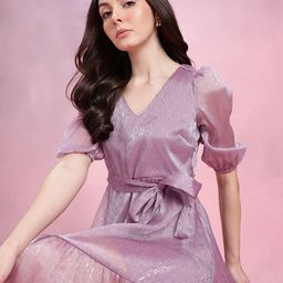DressBerry Puff Sleeve Belted A-Line Dress-image-32