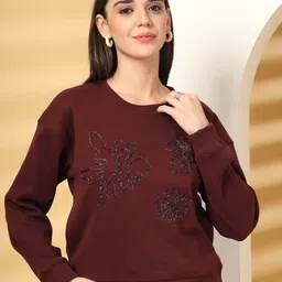 Juelle Women Solid Embroidered Round Neck Regular Sweatshirt-image-23