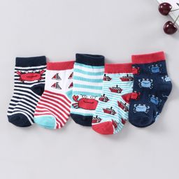 cute walk by babyhug Cutewalk by Babyhug Anti-bacterial Ankle Length Terry Socks Pack of 5 Crab Design - Blue Navy White-picture-24