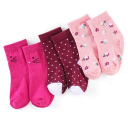 Cutewalk By Babyhug Anti Bacterial Ankle Length Socks Floral & Kitty Print Pack Of 3 - Peach Pink & Purple-image-81