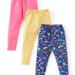 Babyhug Cotton Lycra Full Length Stretchable Legging Butterfly Print Pack Of 3 - Pink Blue & Yellow-image-74