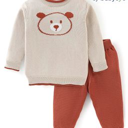 Babyoye 100% Cotton Antarsia Full Sleeves T-Shirt & Lounge Pants Winter Wear Suits Teddy Print - Beige & Brown-image-6