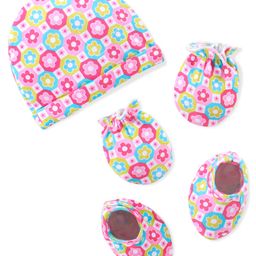 Babyhug 100% Cotton Knitted Cap Mittens & Booties with Floral Print- Pink-image-53