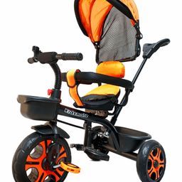 Kidsmate Champ Tricycle with Canopy Plug N Play Kids Baby Tricycle with Safety Guard Rail and Parental Control Fabric Cushion Seat & Bell- Black & Orange-13