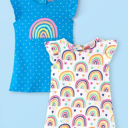 Babyhug Cotton Knit Frill Sleeve Nighty With Polka Dot Print & Rainbow Print Pack Of 2 - Multicolor-image-102